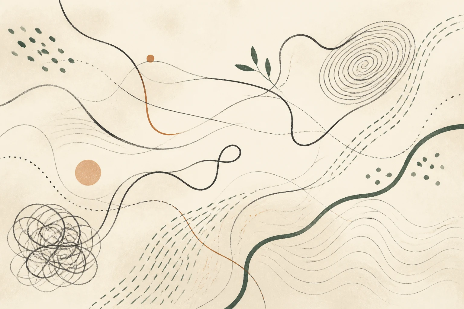 Abstract charcoal and forest-green paths crossing, diverging, and forming distinct patterns on a warm ivory field.